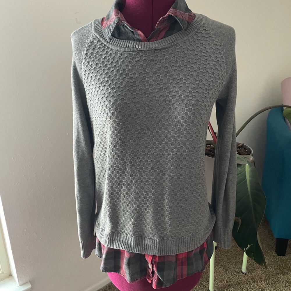 Gray and Plaid librarian sweater faux layer